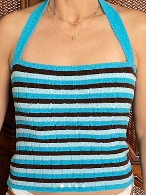 Faithfull the Brand Striped Knit Halter Top in Aqua and Brown